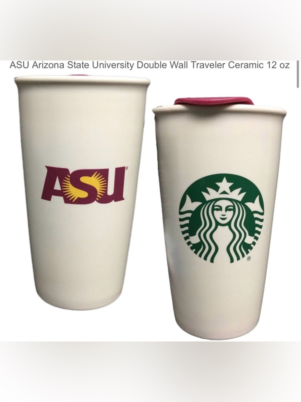 Starbucks White Ceramic Travel Mug with Green Logo and Maroon Accents